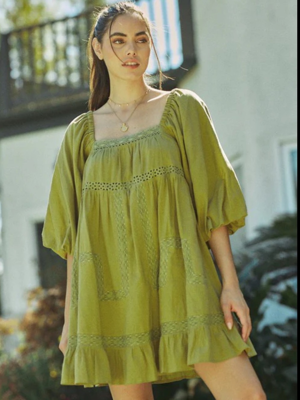 Lalavon Olive Green Crochet-Trim Peasant Top